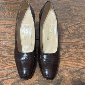 Salvatore Ferragamo Dark Brown Croc-Embossed Heels